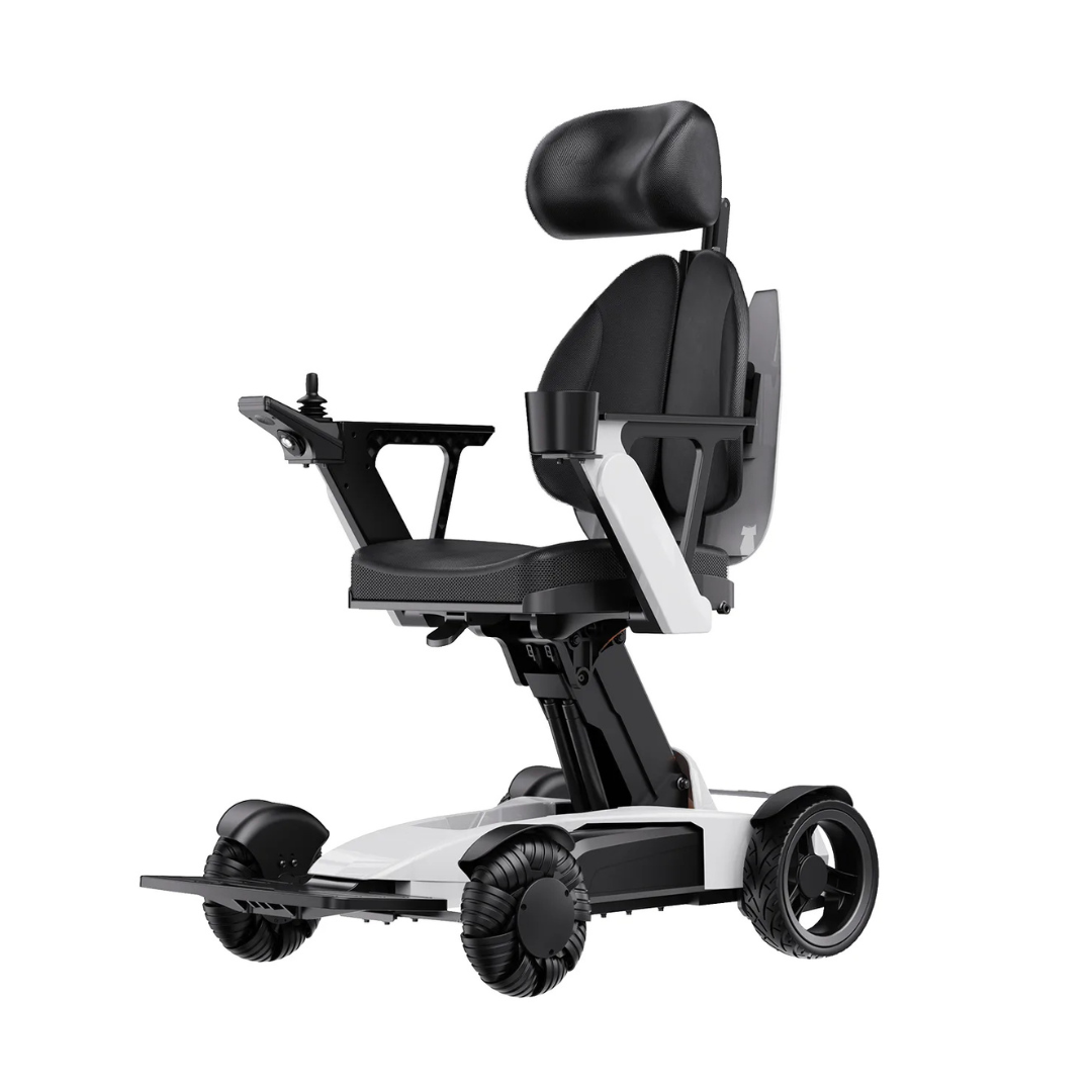 The Easwe™ L10 Luxury Electric Wheelchair features a black seat, backrest, and headrest, white frame, armrests, right-side joystick control, four wheels, and an automatic adjustable seat height for enhanced mobility and convenience.